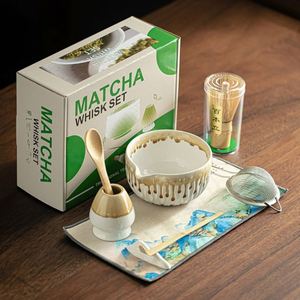 Traditional Matcha Ceremony Tool 8 Pcs Matcha White Turquoise Gradient Drizzle Textured Ceramic Bowl With Spout Matcha <b>Tea</b> <b>Set</b> - Product Image 1