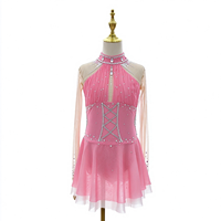Robe de patinage et de danse rose pour enfants et adultes, col halter, manches longues en maille, dos découpé avec strass, pour compétition et spectacle de patinage sur glace