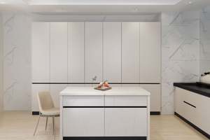 Armoires de cuisine en marbre en forme de L modernes SANTOPOVA avec appareils intégrés et rangement avec porte en verre - Product Image 4