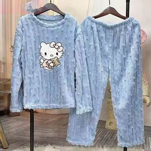 Abbigliamento da notte <span class=keywords><strong>autunno</strong></span> inverno <span class=keywords><strong>donna</strong></span> <span class=keywords><strong>pigiama</strong></span> in flanella corallo KT gatto dolce cartone animato graziosi vestiti per la casa elastico in vita anteriore ispessito - Product Image 3