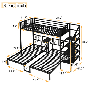 Lits superposés triples en métal noir avec escalier de rangement pour 3 adultes, design industriel moderne, idéal pour hôtels et écoles, parfait pour petites chambres - Product Image 3