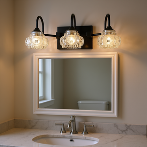 Applique murale rétro à 3 lumières pour salle de bain, finition noire, abat-jour en verre cristal, lumière LED blanc chaud pour miroir de salle de maquillage - Product Image 2