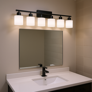 Lampada da bagno moderna a 8 luci, nero opaco, 52 pollici, a LED, da parete, con paralume in vetro smerigliato bianco, per camera da letto e soggiorno - Product Image 2