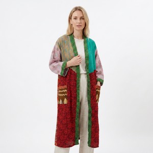 Vintage Patchwork Cotton <b>Robe</b> <b>Women</b> Full Length Long Sleeve Collarless Printed Kimono Autumn Sleepwear Handwash Care - Product Image 1