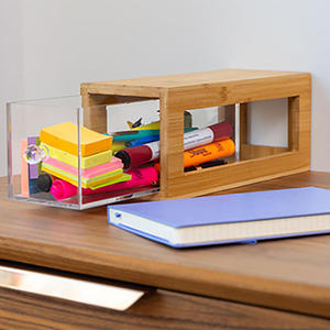 Organisateur de bureau en bambou détachable avec tiroir en acrylique transparent, boîte de rangement pour stylos, marqueurs, notes autocollantes - Product Image 1
