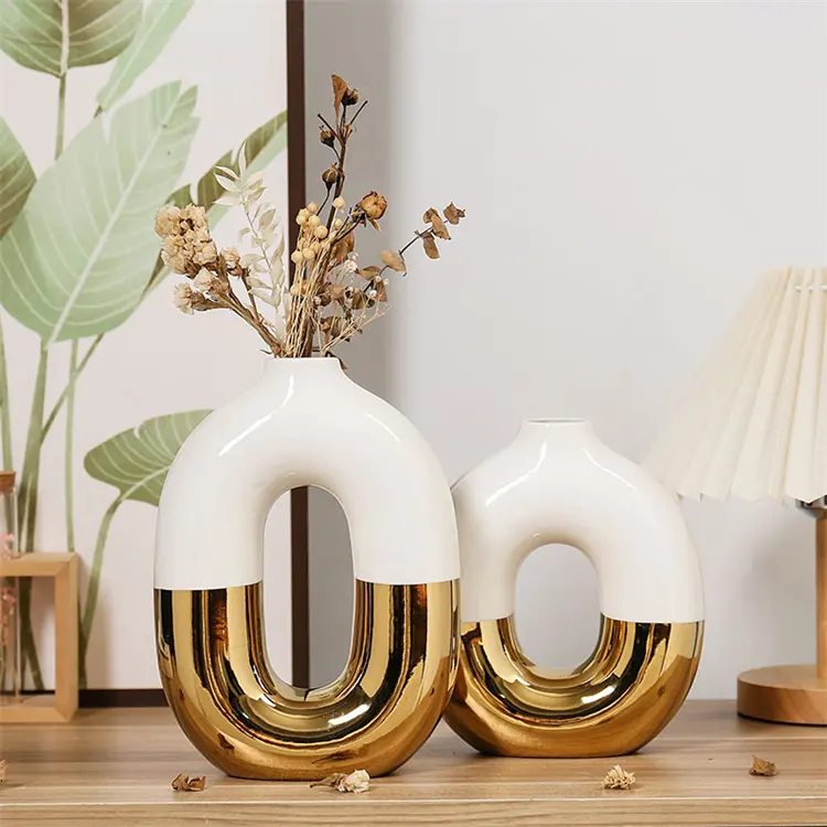 Lüks altın elektroliz seramik Oval vazo ev el sanatları dekorasyon çiçek vazo