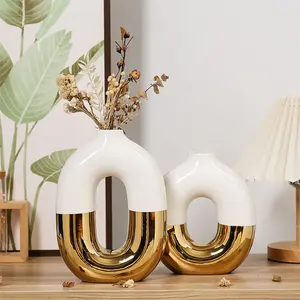 Vas Oval keramik lapis emas mewah, vas bunga dekorasi kerajinan rumah