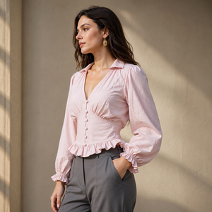 Women's Pink Linen Blouse With Ruffles Balloon Sleeve Turn-down Collar Button Down Spring Summer Modern Romantic Style ODM OEM - Product Image 3