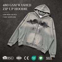 Sweat à capuche zippé RAMAX 480GSM gris délavé avec motif éclair, coupe oversize, style urbain vieilli, pour homme, personnalisable OEM ODM