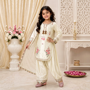 Ensemble Salwar Kameez en soie brodée florale beige, costume traditionnel indien pakistanais pour mariage, festival, enfants - Product Image 1