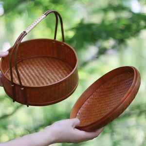 <b>Bamboo</b> Woven Storage Basket Round With Lid Kitchen Food <b>Container</b> 22cm Neatening Storage - Product Image 3