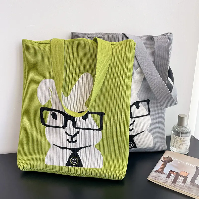 OEM ODM desain kustom tas tangan rajut pola kelinci lucu tas Tote untuk wanita tas belanja bahu Jepang tas rajut yang dapat digunakan kembali