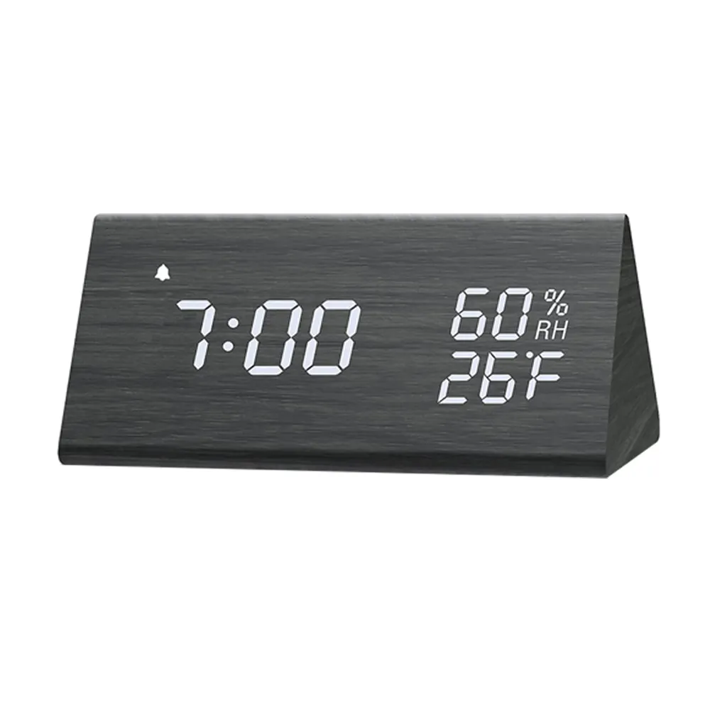 Manufacturer Custom LOGO Temperature Humidity Triangle Digital Wood LED Clock with alarm clock