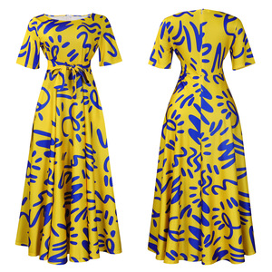 Nouvelle Robe Longue Tissée Décontractée pour Femme 2025, en Spandex Uni, Coupe Trapèze, à Manches Courtes, Imprimée, avec Grand Volant et Lacets, Style Euro USA - Product Image 5
