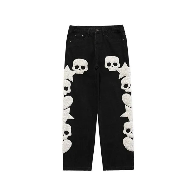 Wholesale Street Wear Pour Loose Black Skull Towel Cotton Embroidery Cargo Pants Men High Quality Baggy Pants