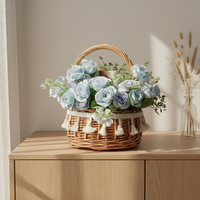 Panier à fleurs en rotin fait main bleu saule avec couvercle, panier en bois avec poignée pour la décoration intérieure
