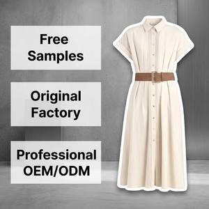 Abito Chemisier Vintage Premium da Donna, Linea ad A, Elegante con Pieghe Frontali, Maniche Corte, Cintura Intrecciata, Naturale, Lavabile, Traspirante, Estivo - Product Image 2