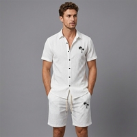 Ensemble Polo et Short Décontracté Personnalisé avec Logo – Chemise Texturée à Manches Courtes et Short – Ensemble 2 Pièces Blanc pour Homme