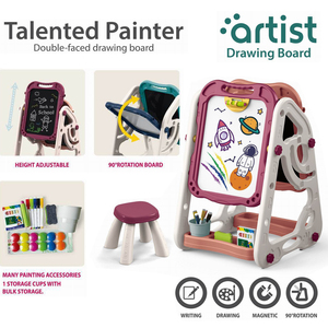 Chevalet double face pour <span class=keywords><strong>dessin</strong></span> et peinture, tableau blanc et noir, support réglable avec tabouret et marqueurs à craie, cadeau artistique pour enfants - Product Image 2