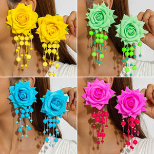 J 2026 Summer Colorful Rose Flower Long Tassel Dangle Earrings for Women Vintage Iron Zinc Alloy <b>Statement</b> Jewelry - Product Image 3