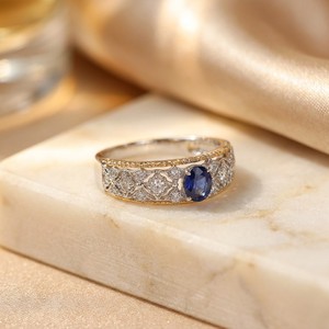 Xinfly Solid 18K Gold Royal Blue Sapphire Diamond <b>Ring</b> Italian Style Hand Engraved AU750 <b>Two</b> Tone Vintage Fine Jewelry for Women - Product Image 3