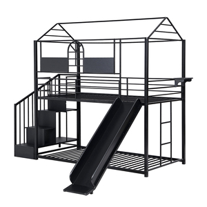 Camas Literas Metálicas Bajas, Dos Camas Individuales Superpuestas con Tobogán y Escalera de Almacenamiento, Diseño Moderno para Apartamentos, Hoteles y Dormitorios - Product Image 3