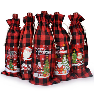 Yiwu กระเป๋าหูรูดใส่ไวน์ผ้าฝ้ายสำหรับปาร์ตี้เทศกาลคริสต์มาสลายตารางสีแดงสำหรับไวน์ผลไม้ที่เก็บไวน์แชมเปญ - Product Image 1