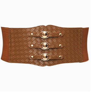 Black Elastic Wide Belt with Vintage Style Round Head Buckles Gold-Toned <strong>Studs</strong> Woven Texture for Dresses <strong>Blouses</strong> Pants-HQ Brand - Product Image 3