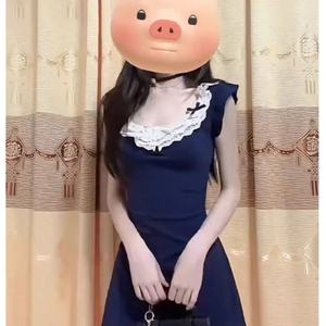French Style Lace Patchwork Summer Dress Navy Blue Fitted Waist Flounce Collar Solid Color Daily Casual Dress - Product Image 3