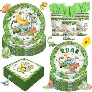 Novo Conjunto de Decoração para Festa de Aniversário Infantil com Dinossauros em Estilo Europeu, 10 Peças de Plástico e Papel, Incluindo Bandeira e Toalha de Mesa - Product Image 1