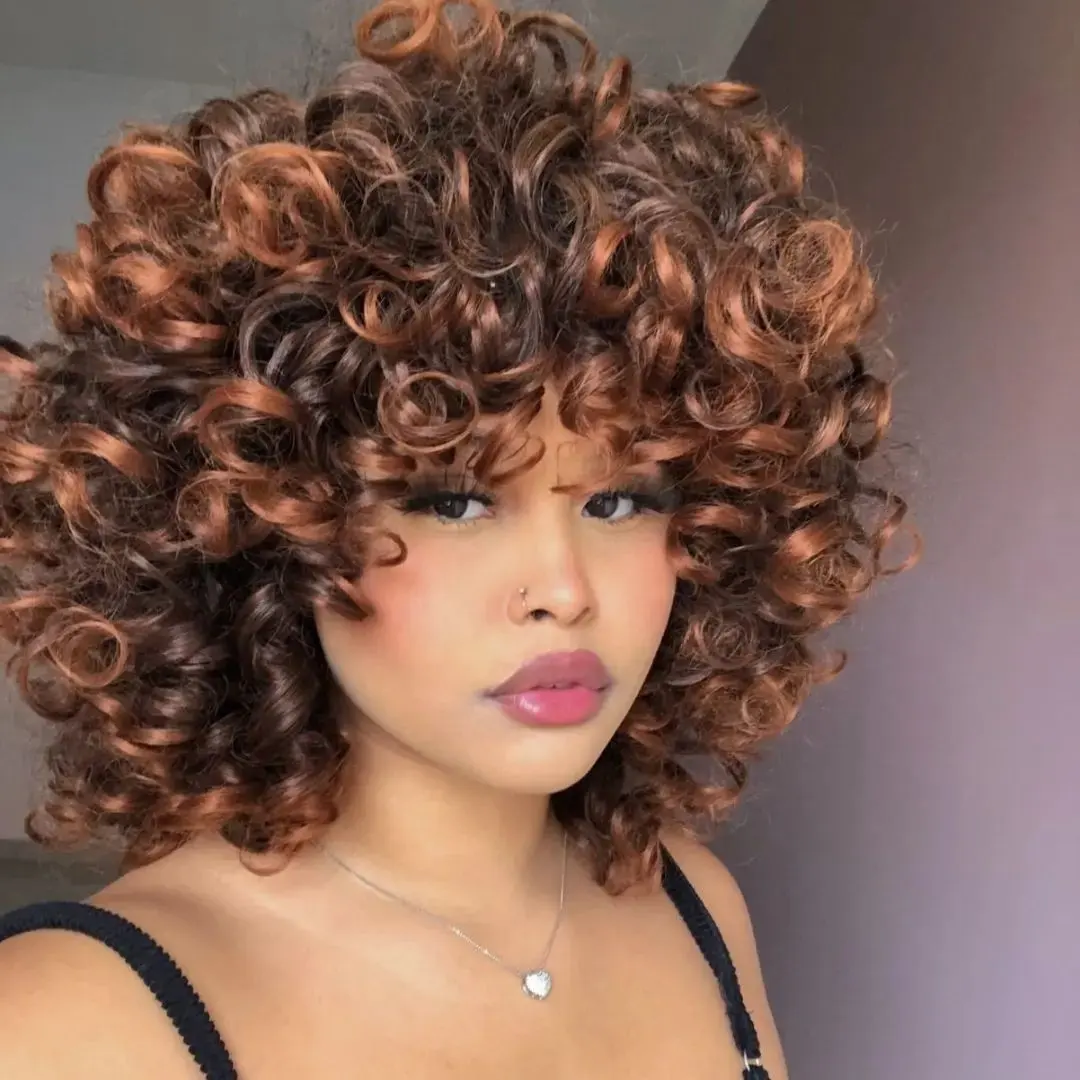 wholesale Synthetic Fiber Wave Wigs Heat Resistant Short Afro Kinky Curly Style Machine Made Wig with Bangs For Black Women