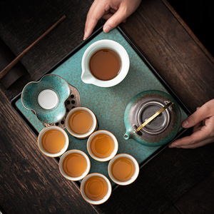 Bandeja de té de cerámica retro, cuadrada, con esmalte azul celeste, diseño de semilla de loto, reutilizable, pequeña mesa de té para preparación en seco - Product Image 3