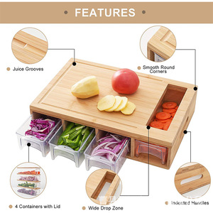 <b>Bamboo</b> Cutting Board With Drawers Rectangle Wood Kitchen Storage Chopping Block - Product Image 2
