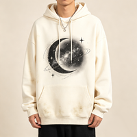   Sweat-shirt à capuche délavé Kornit DTG avec motif planète lune cosmique, cordon de serrage, coupe ample, style rétro streetwear