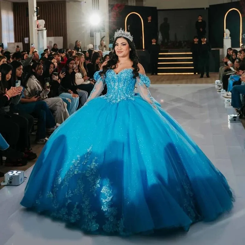 Mumuleo Aqua Blue Princess Quinceanera Dress Ball Gown Off The Shoulder Applique Lace Tulle Corset Sweet 15 Vestidos De XV Anos