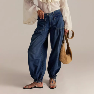 Y2K Streetwear Acid Wash Baggy <strong>Denim</strong> Jeans <strong>Women</strong> High Elastic Waist Drawstring Cuffed Cargo Pants Vintage Loose Wide Leg <strong>Joggers</strong> - Product Image 1