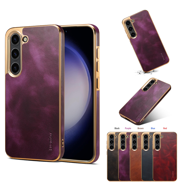 Oil-Wax Genuine Leather Wireless Charging Electroplated Anti-Drop Phone Case, Compatible with Samsung S26/S25/S24/S23 Series