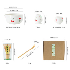 Ensemble de bols à matcha cerise peints à la main, fouet à thé en céramique, agitateur, chapeau à thé, outils de préparation du thé de la dynastie Song, cérémonie du thé fouetté, coffret cadeau - Product Image 3