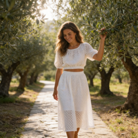Ensemble deux pièces en lin pour femme : Haut court respirant blanc à manches bouffantes en coton et lin ajouré, et jupe midi évasée taille haute fluide