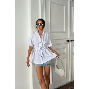 Camisa de Popelina con Detalle de Fruncido en la Cintura, Blusa Blanca para Mujer, Manga Corta, Talla S - Product Image 2