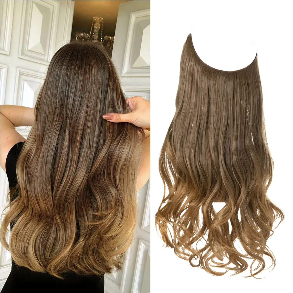 Groothandel Hair Extensions Ombre Bruin Gouden Golvend Krullend Virgin Plus Remy Ruwe Braziliaanse Menselijk Halo Hair Extensions Met Clips