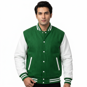 Plain Green Wool Canvas Stand Collar Custom Varsity Baseball <b>Jacket</b> for <b>Men</b> with <b>White</b> Sleeves - Product Image 1
