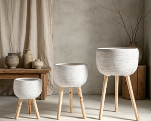 Rattan <b>Flower</b> <b>Pot</b> Set with Wood Legs Minimalist Indoor Planter <b>for</b> Green Plants 3 Pcs Circular Pattern Nordic Style - Product Image 3