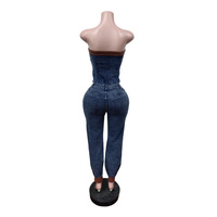Ensemble en denim extensible décontracté à motifs patchwork, ensemble 2 pièces avec haut tube sans bretelles à boutons et pantalon long en denim