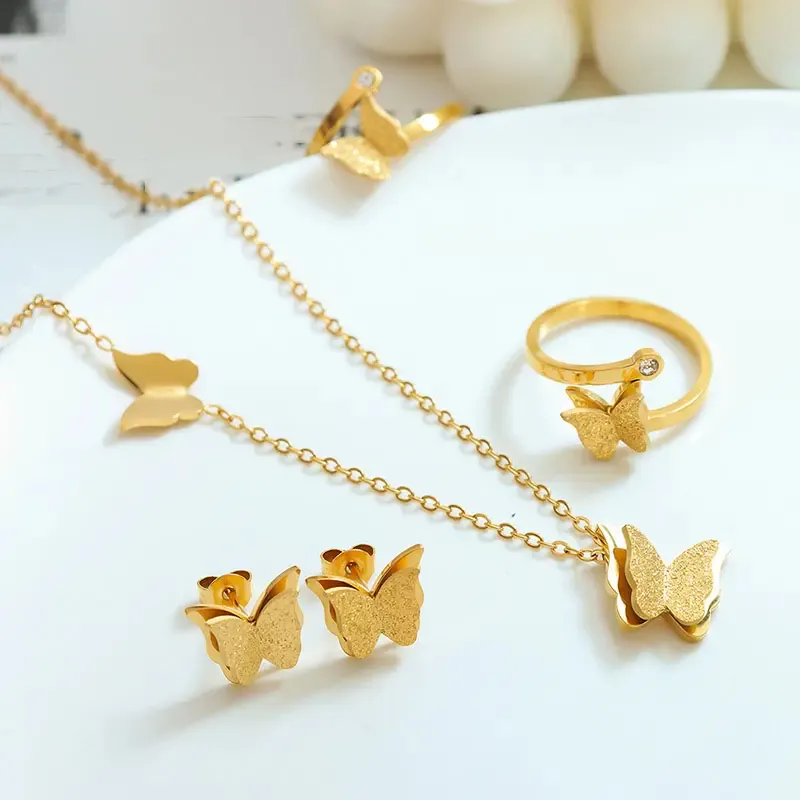 Moda jóias e acessórios banhado a ouro aço inoxidável borboleta colar brincos anéis charme pingente conjunto de jóias femininas