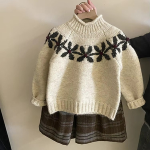 Sweet Floral Knitted Sweater Velvet Retro Plaid Pants Moda Conjunto de <span class=keywords><strong>ropa</strong></span> para <span class=keywords><strong>niñas</strong></span> - Product Image 6