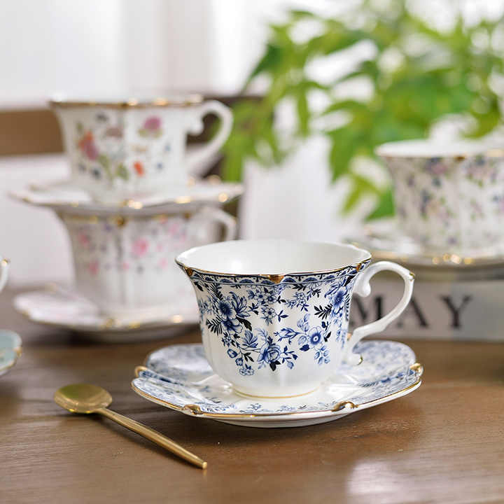 欧式花卉印花陶瓷浓缩咖啡杯英式茶杯套装复古陶瓷咖啡杯茶托套装