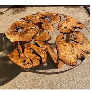 Mesa de Centro Redonda de Madera de Olivo con Resina Epoxi Transparente Ultra Clara, Mesa de Consola de Río y Pieza Personalizable - Product Image 1