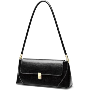 Sac à bandoulière en cuir véritable noir avec fermeture à fermoir doré, design minimaliste, sangle unique, utilisation toutes saisons - Product Image 1