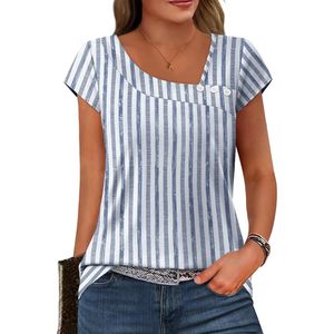 FOXA Blouse rayée à manches courtes pour femme, col carré, en popeline respirante, haut décontracté, tenue d'été - Product Image 1